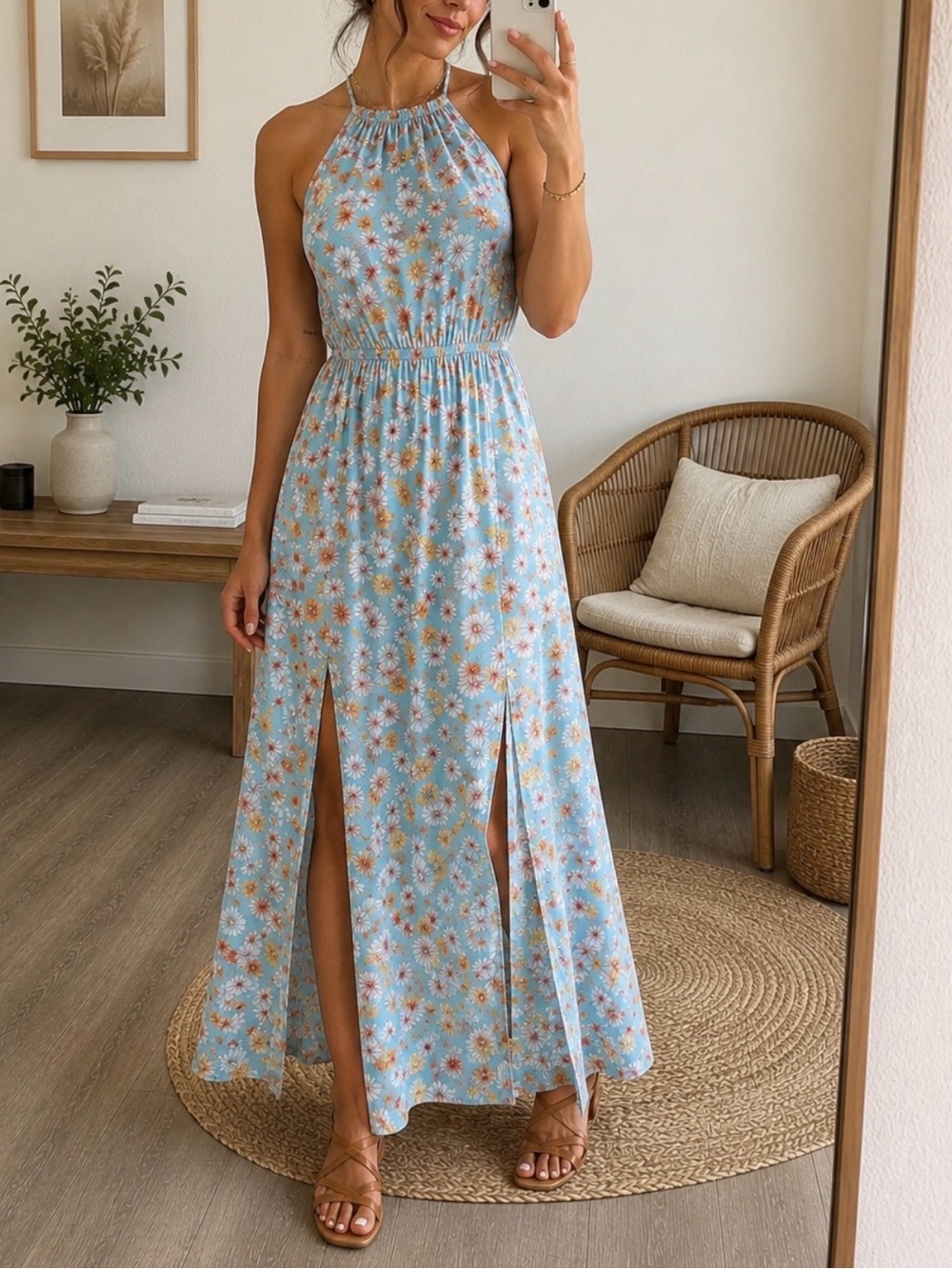 Forever 21 Light Blue Floral Halter Maxi Dress